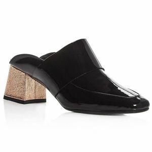 Aska Gwynne Black Patent Leather Mules Gold Block Heel Slip On Size 7 1/2
